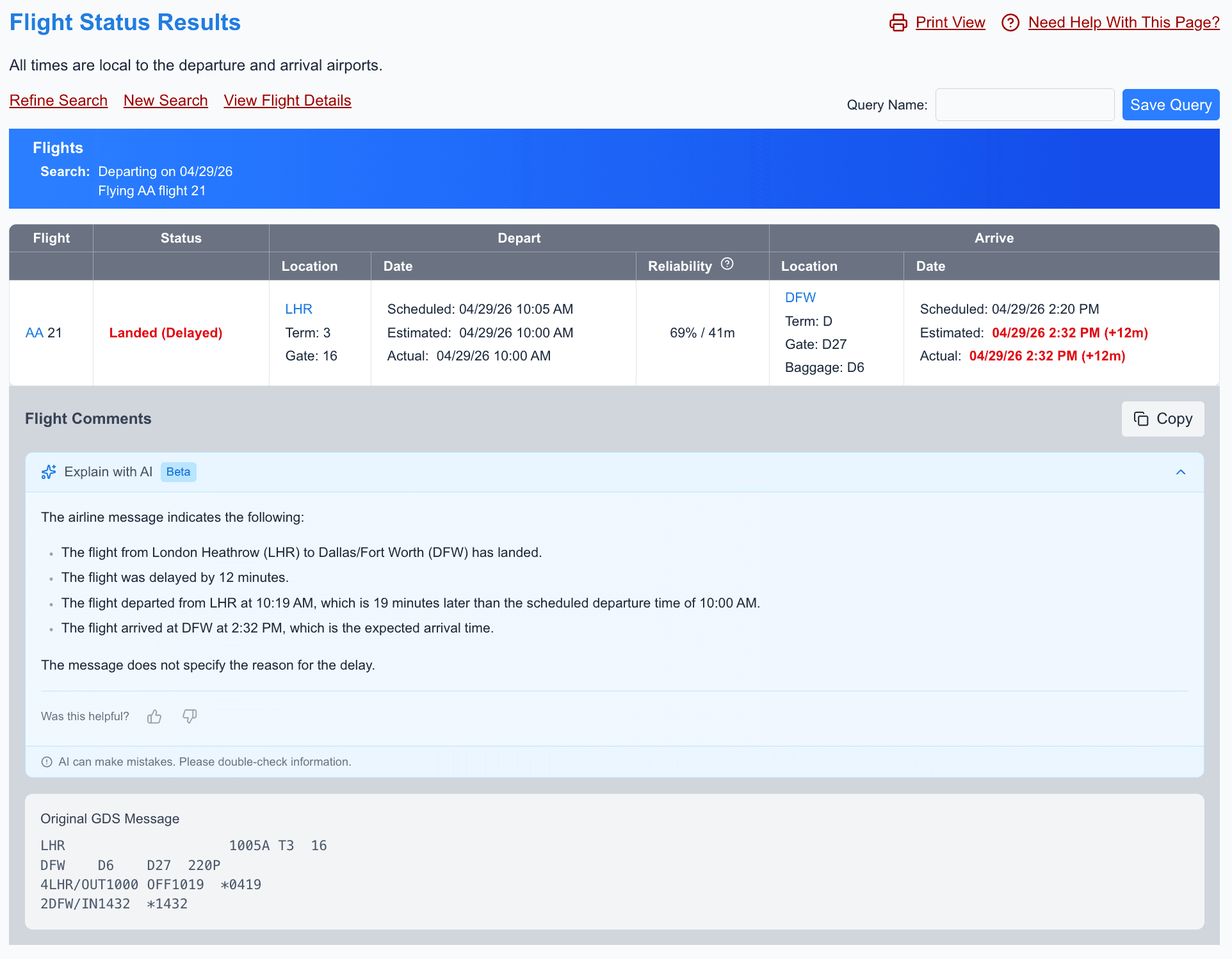 Screenshot of Flight Status