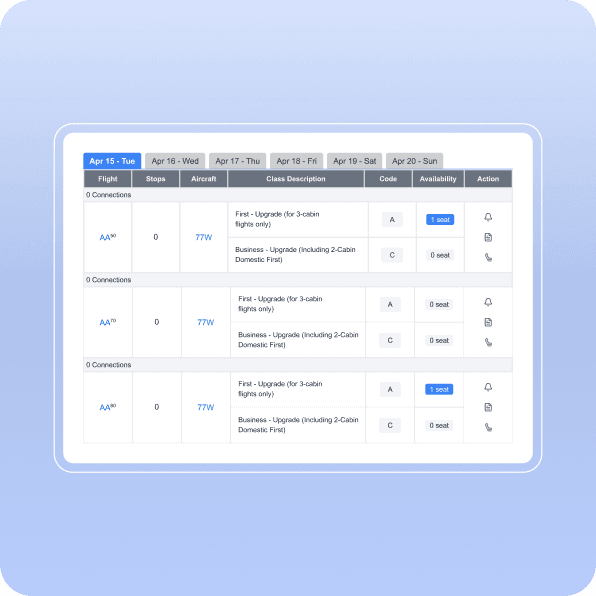Upgrade and award inventory screenshot showing available seats