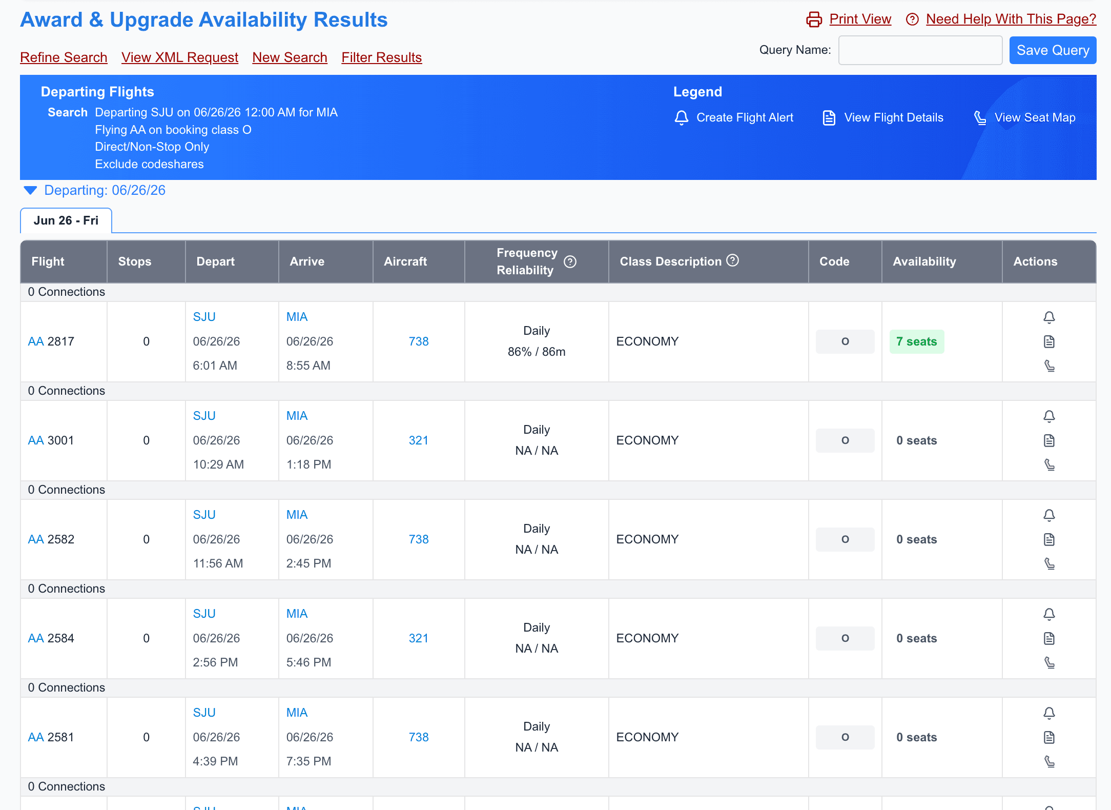 Screenshot of Award and Upgrade availability search