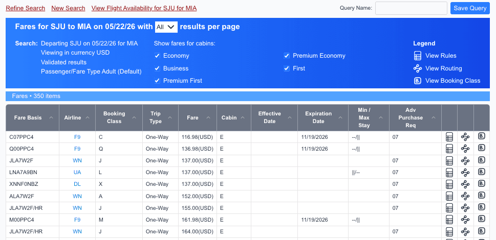 Fare information search and rules preview