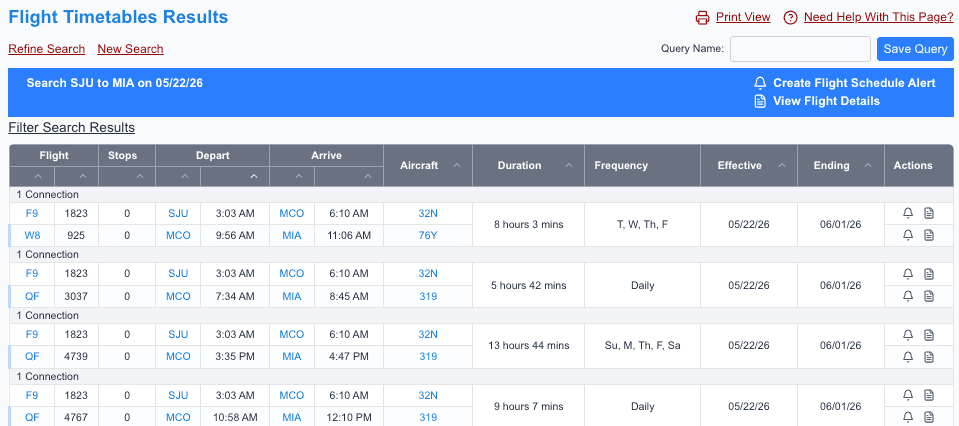 Flight timetable search preview