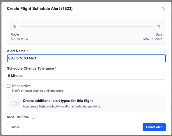 Flight schedule alert notification preview